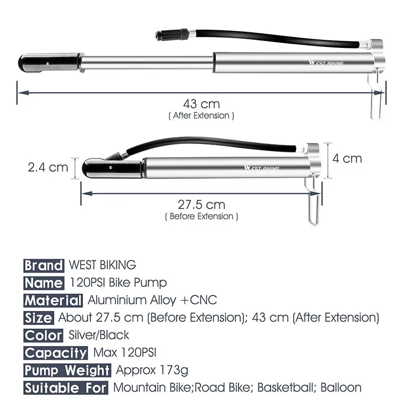 120 PSI MTB Road Bicycle Pump Long Hose Cycling Air Inflator Schrader Presta Valve MTB Road Bike Tire Alloy Pump