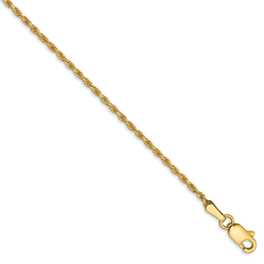 1.3mm, 14k Yellow Gold, Diamond Cut Rope Chain Anklet or Bracelet