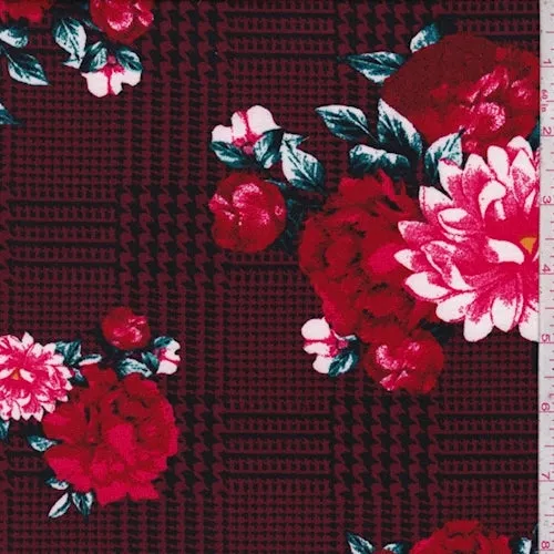 2 1/2 YD PC-Burgundy/Red Glen Plaid Floral Double Brushed Jersey Knit Fabric