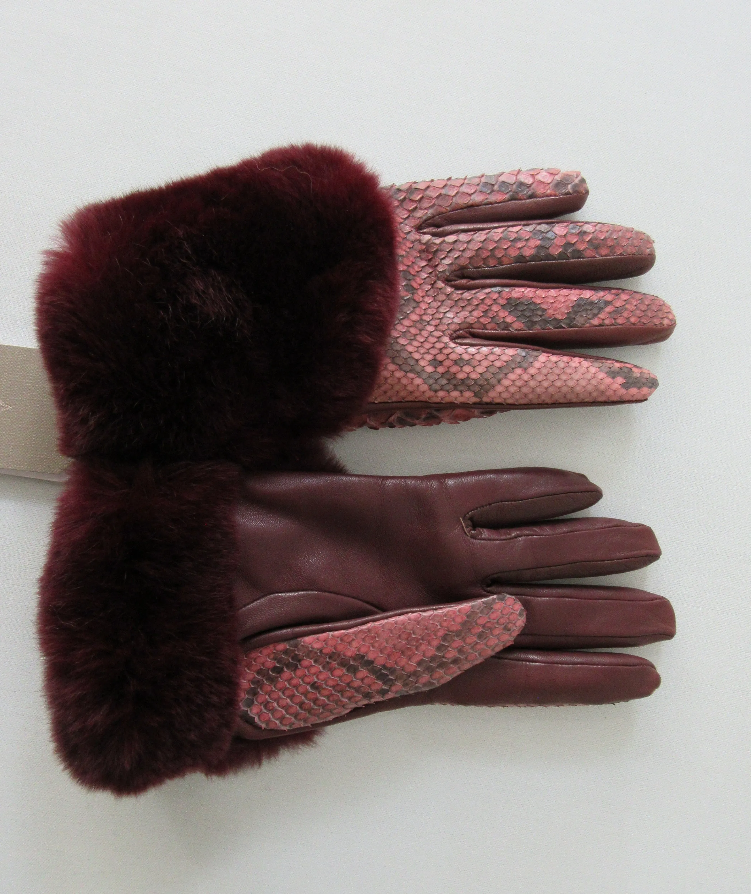 20G05 -Gala Gloves Couture Bordeaux Snake Skin Gloves with Fur Trim