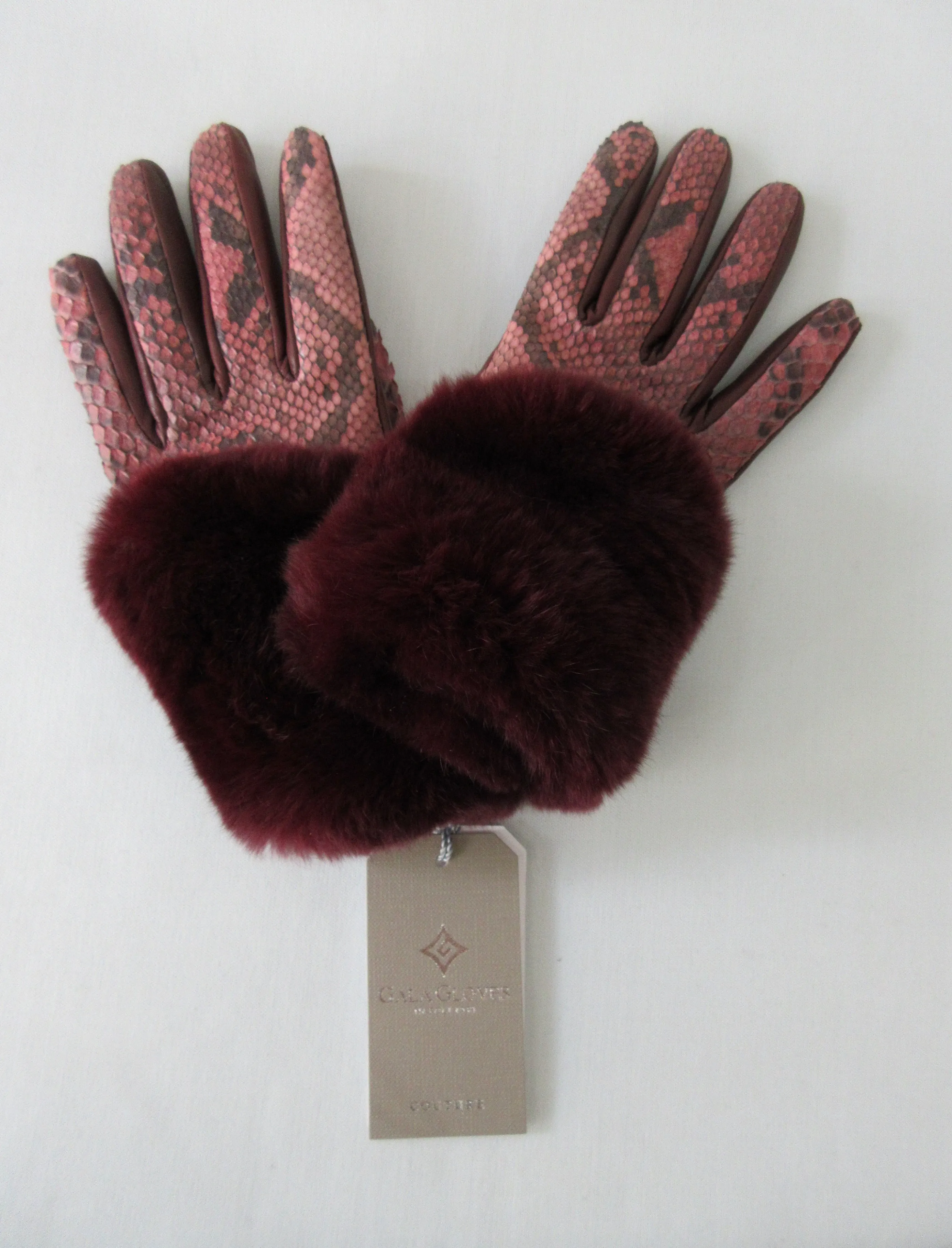 20G05 -Gala Gloves Couture Bordeaux Snake Skin Gloves with Fur Trim