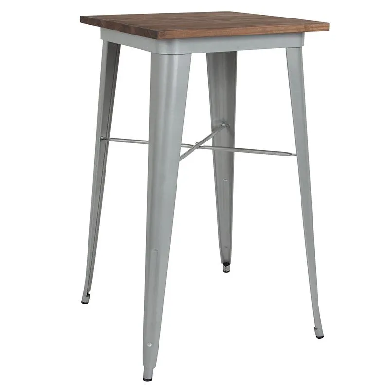 23.5" Square Silver Metal Indoor Bar Height Table With Walnut Rustic Wood Top By Flash Furniture