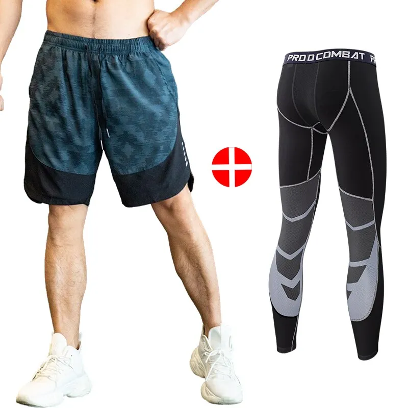 2pcs Set Men Running Compression Sweatpants Gym Jogging Leggings Basketball Football Shorts Fitness Clothes Tight Sport Pants v1