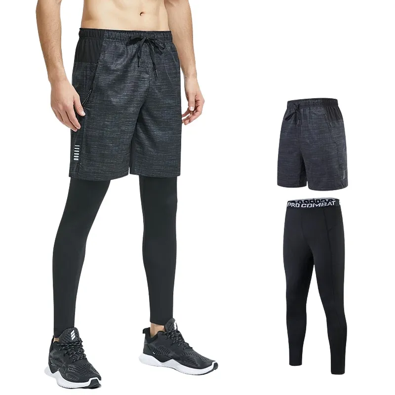 2pcs Set Men Running Compression Sweatpants Gym Jogging Leggings Basketball Football Shorts Fitness Clothes Tight Sport Pants v1