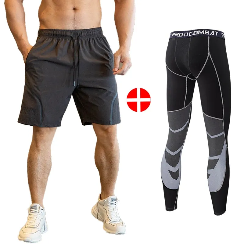 2pcs Set Men Running Compression Sweatpants Gym Jogging Leggings Basketball Football Shorts Fitness Clothes Tight Sport Pants v1