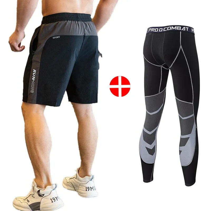 2pcs Set Men Running Compression Sweatpants Gym Jogging Leggings Basketball Football Shorts Fitness Clothes Tight Sport Pants v1