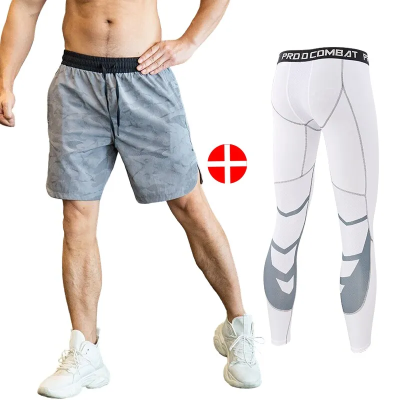 2pcs Set Men Running Compression Sweatpants Gym Jogging Leggings Basketball Football Shorts Fitness Clothes Tight Sport Pants v1