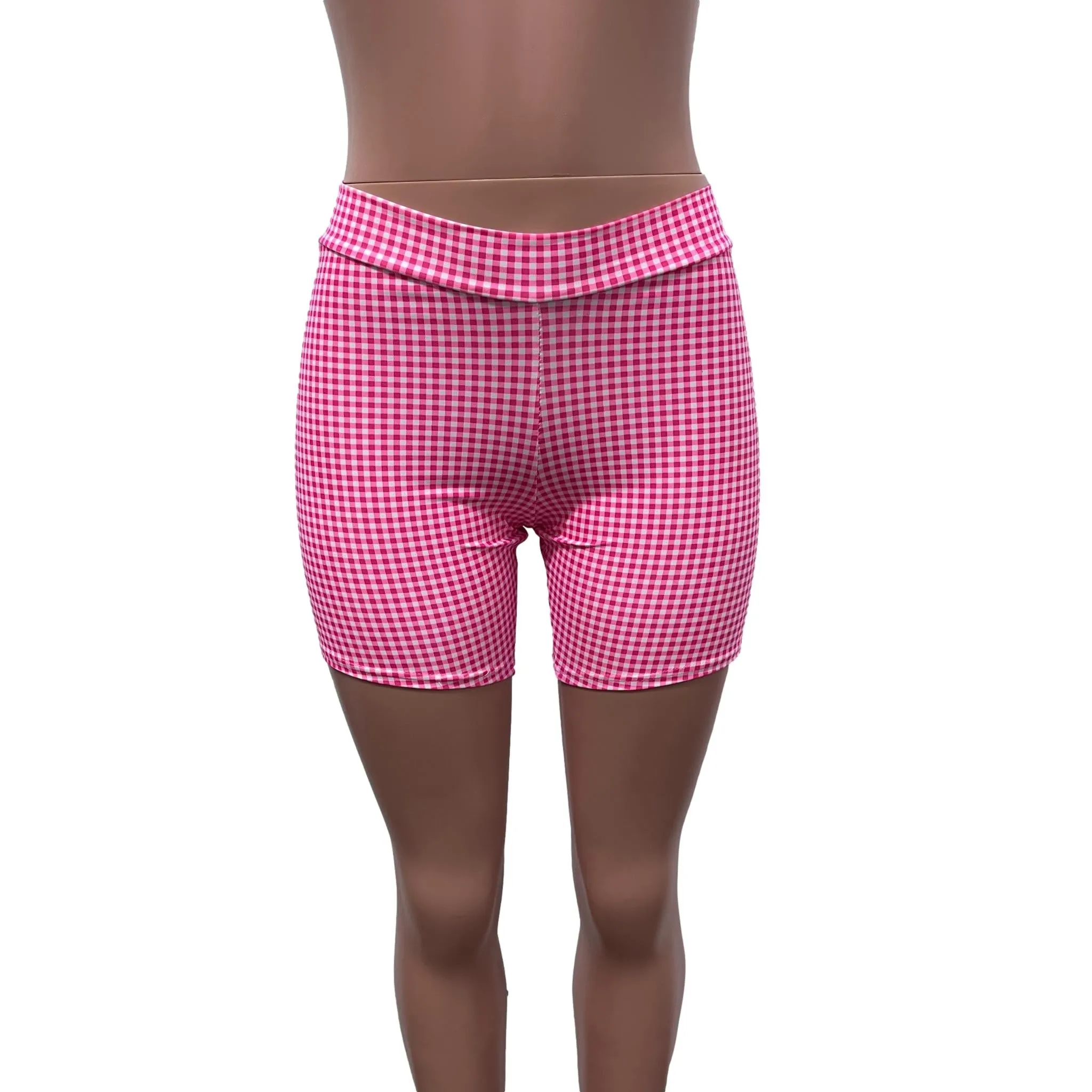 Biker Shorts in Pink Gingham Checkered Plaid Barbie Spandex - Choose Low, Mid, or High-Waist.