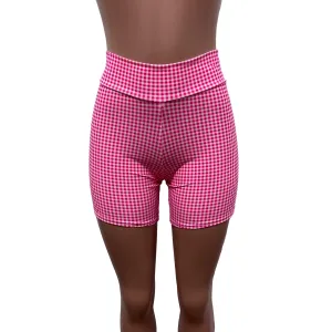 Biker Shorts in Pink Gingham Checkered Plaid Barbie Spandex - Choose Low, Mid, or High-Waist.