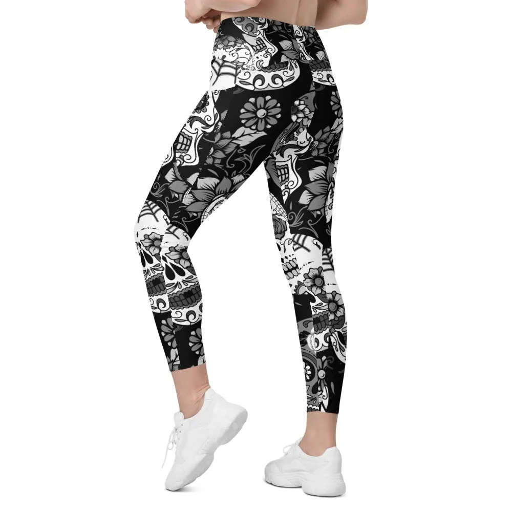 Black & White Sugar Skull Leggings with Pockets