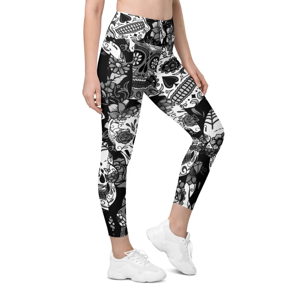 Black & White Sugar Skull Leggings with Pockets