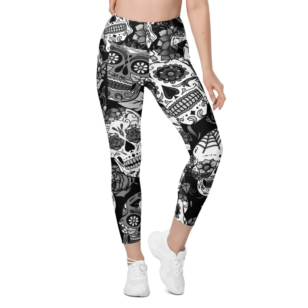 Black & White Sugar Skull Leggings with Pockets