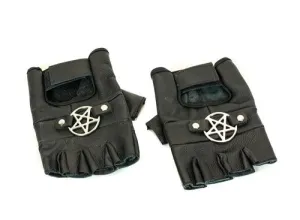 Black Leather Fingerless Gloves w/ Silver Pentagram Detail