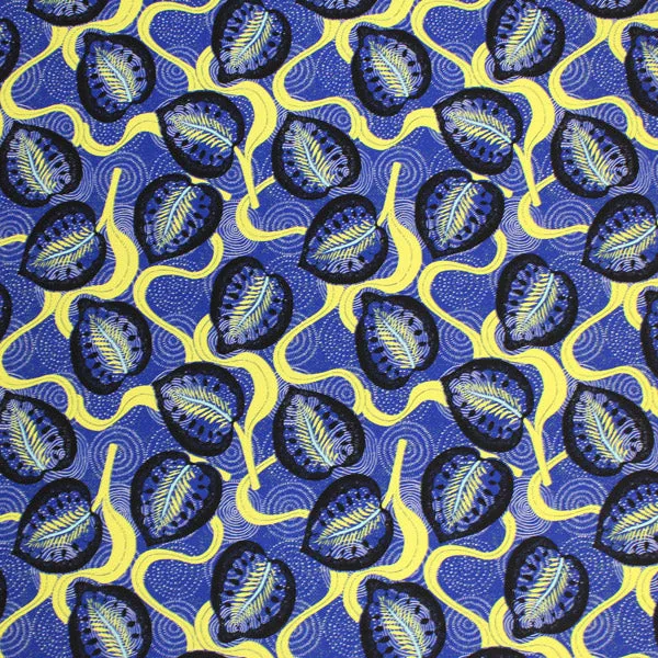 Blue and Yellow Leaves Printed Spandex Fabric | Blue Moon Fabrics