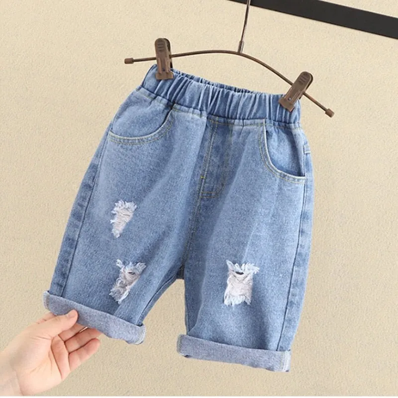 Blue Denim Elastic Waist Shorts for Boys