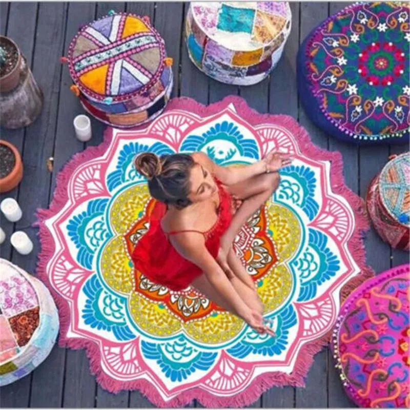 Bohemian Mandala Tassel Beach Round Tapestry | Hippie Throw Roundie | Yoga Mat Towel 10 | Floral Printed Design