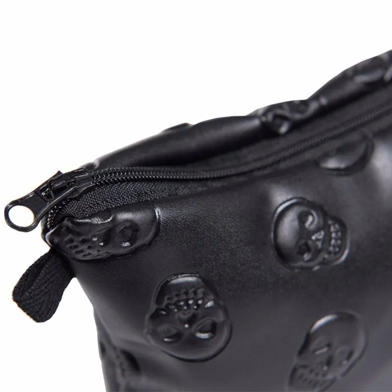 'Catacomb' Black Embossed Goth Skull Faux Leather Make Up Bag