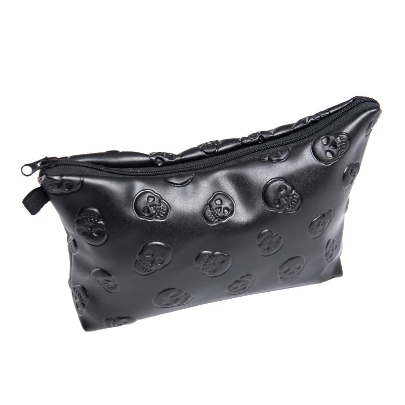 'Catacomb' Black Embossed Goth Skull Faux Leather Make Up Bag