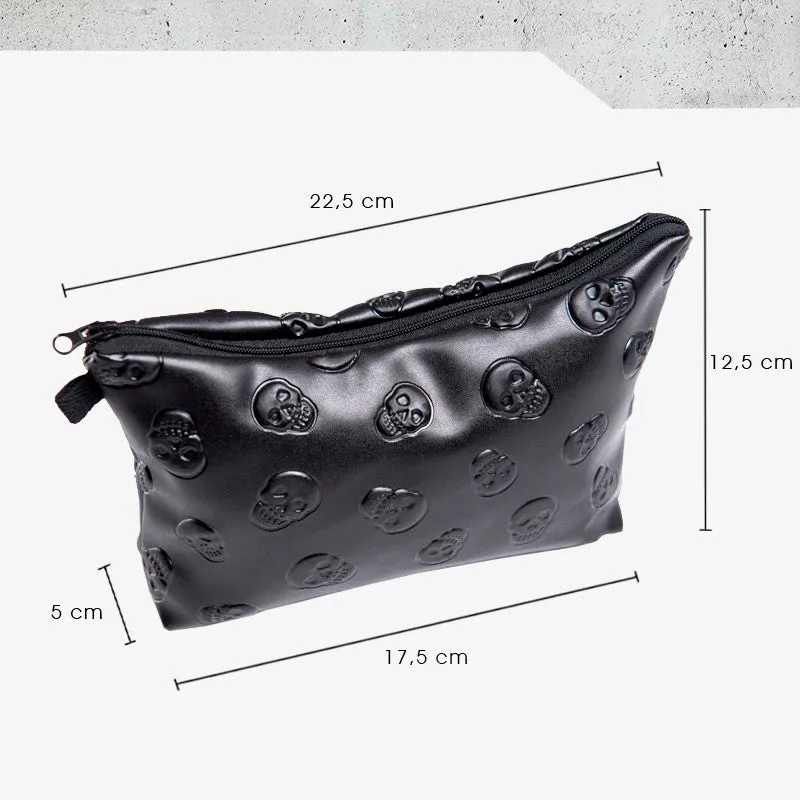 'Catacomb' Black Embossed Goth Skull Faux Leather Make Up Bag