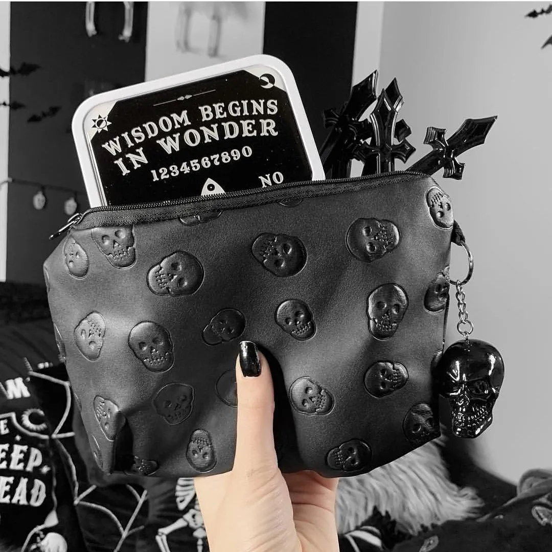 'Catacomb' Black Embossed Goth Skull Faux Leather Make Up Bag