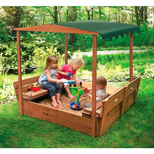 Covered Convertible Cedar Sandbox w/Canopy and Two Bench Seats