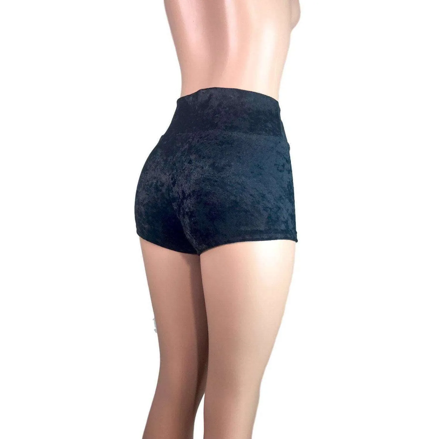 High Waisted Booty Shorts - Black Crushed Velvet