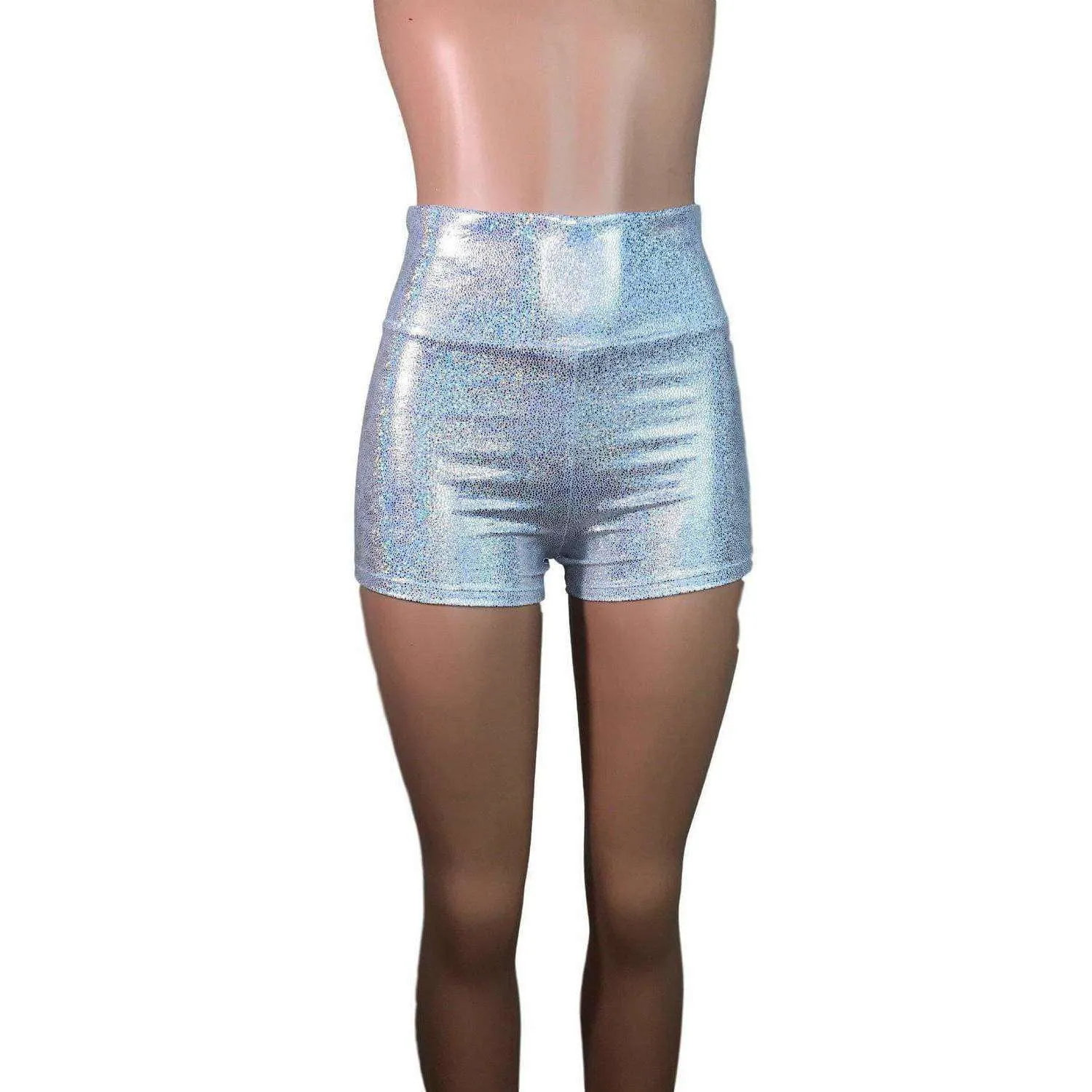 High Waisted Booty Shorts - Silver Holographic