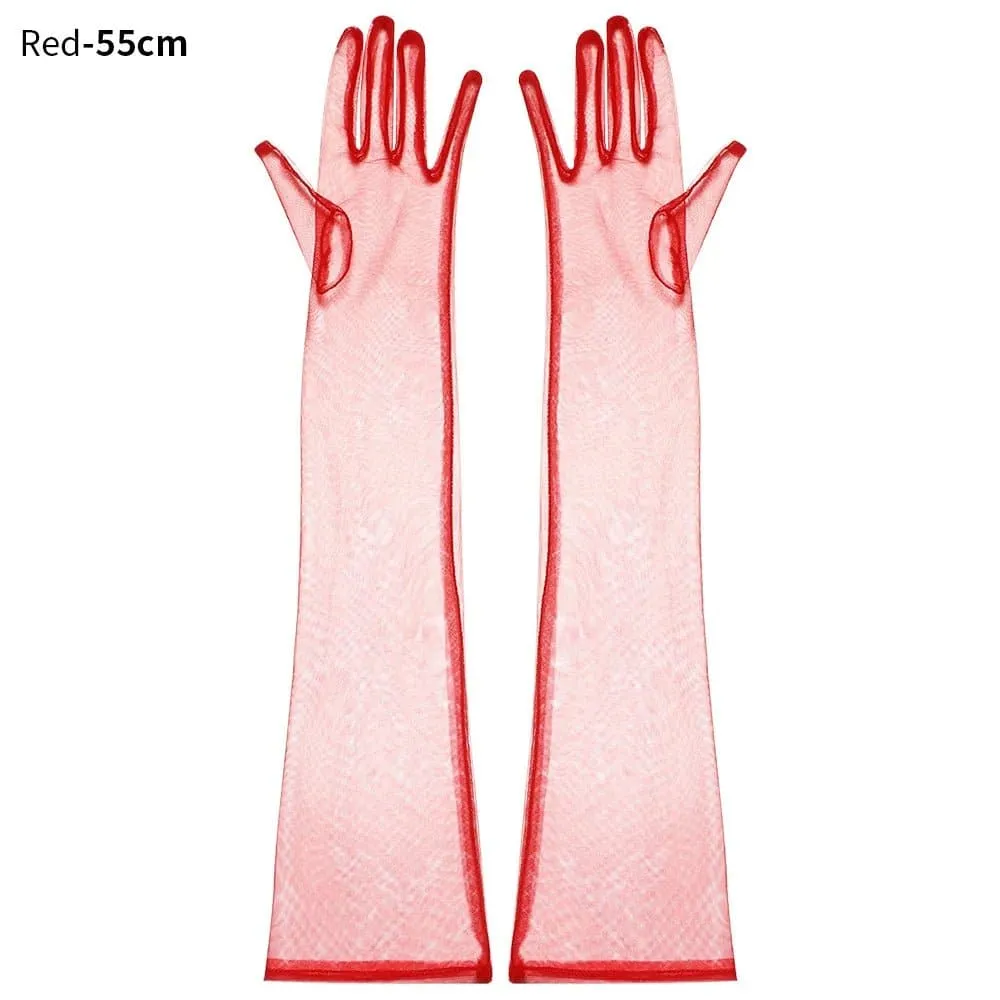 Long Mesh Tulle Gloves for Women - Elbow Length, Acetate Material (23cm, 55cm) - Black, White, Red, Grey, Champagne