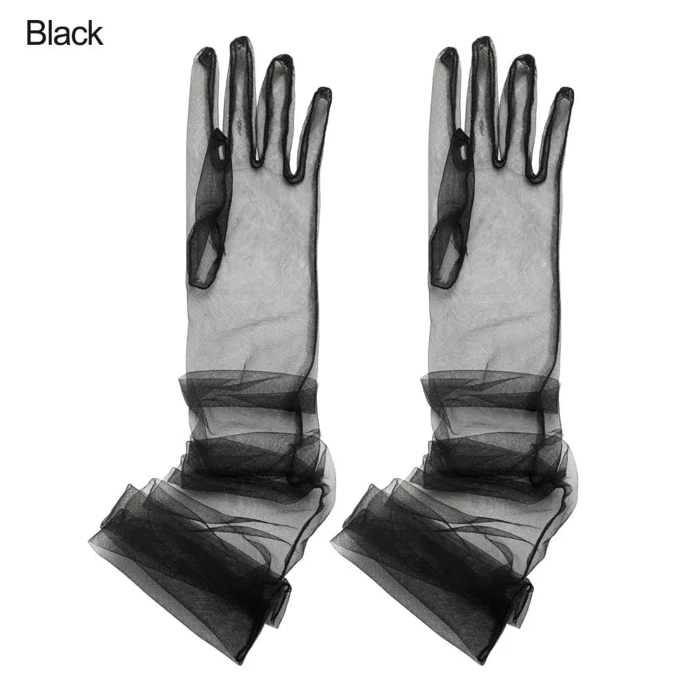 Long Mesh Tulle Gloves for Women - Elbow Length, Acetate Material (23cm, 55cm) - Black, White, Red, Grey, Champagne