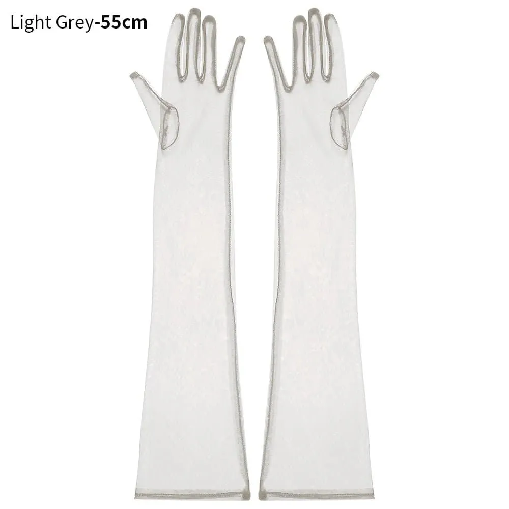 Long Mesh Tulle Gloves for Women - Elbow Length, Acetate Material (23cm, 55cm) - Black, White, Red, Grey, Champagne