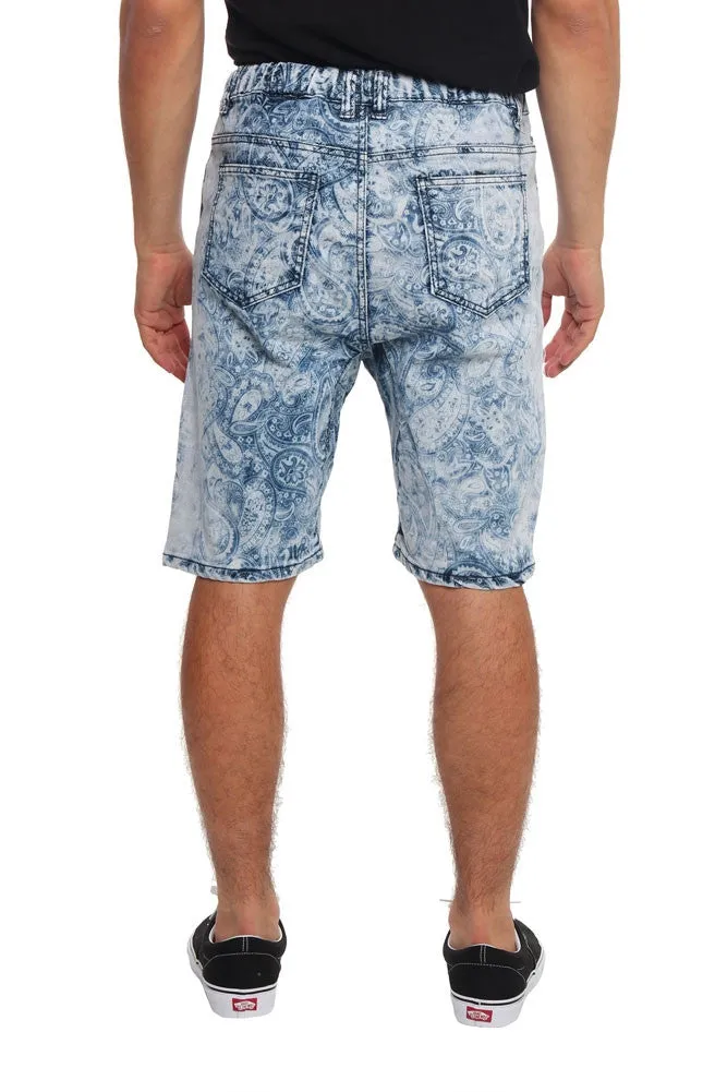 Men's Paisley Print Denim Dropcrotch Shorts