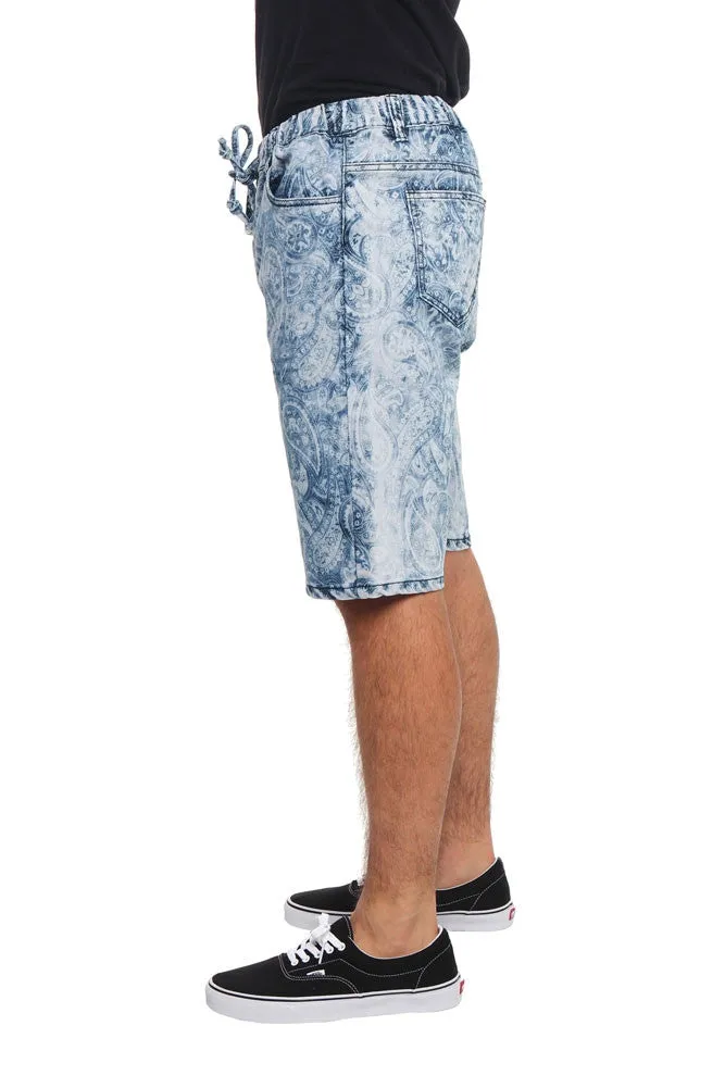 Men's Paisley Print Denim Dropcrotch Shorts