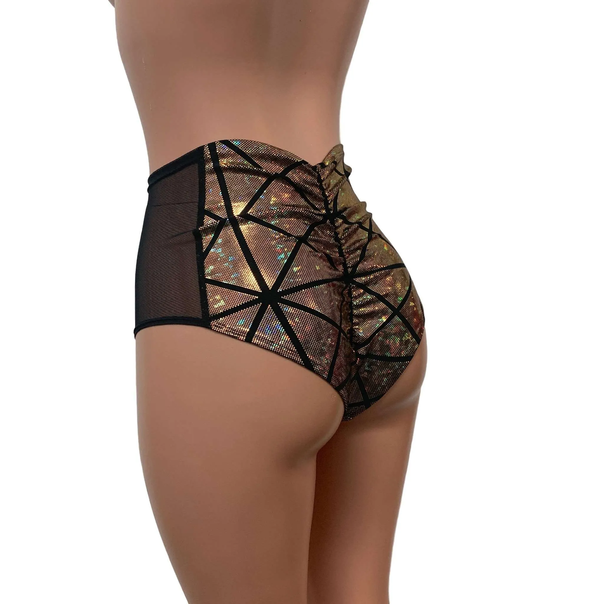 Mesh Side Scrunch Bikini - Gold Glass Pane Holographic