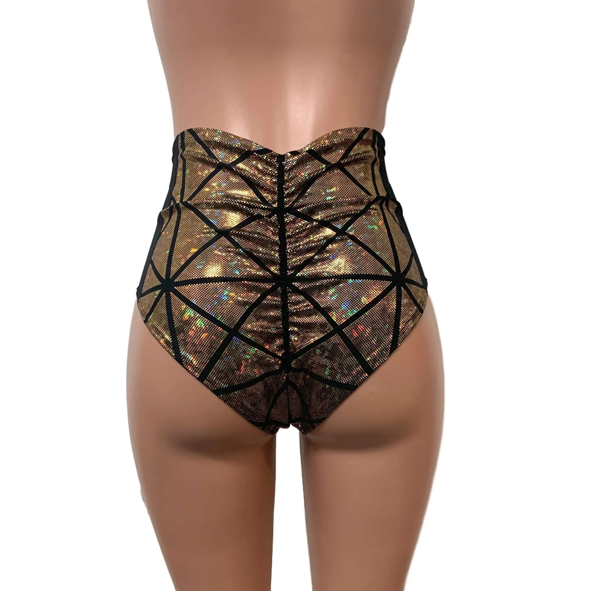 Mesh Side Scrunch Bikini - Gold Glass Pane Holographic