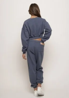 Ombre Blue Cotton Fleece Shirred Jogger