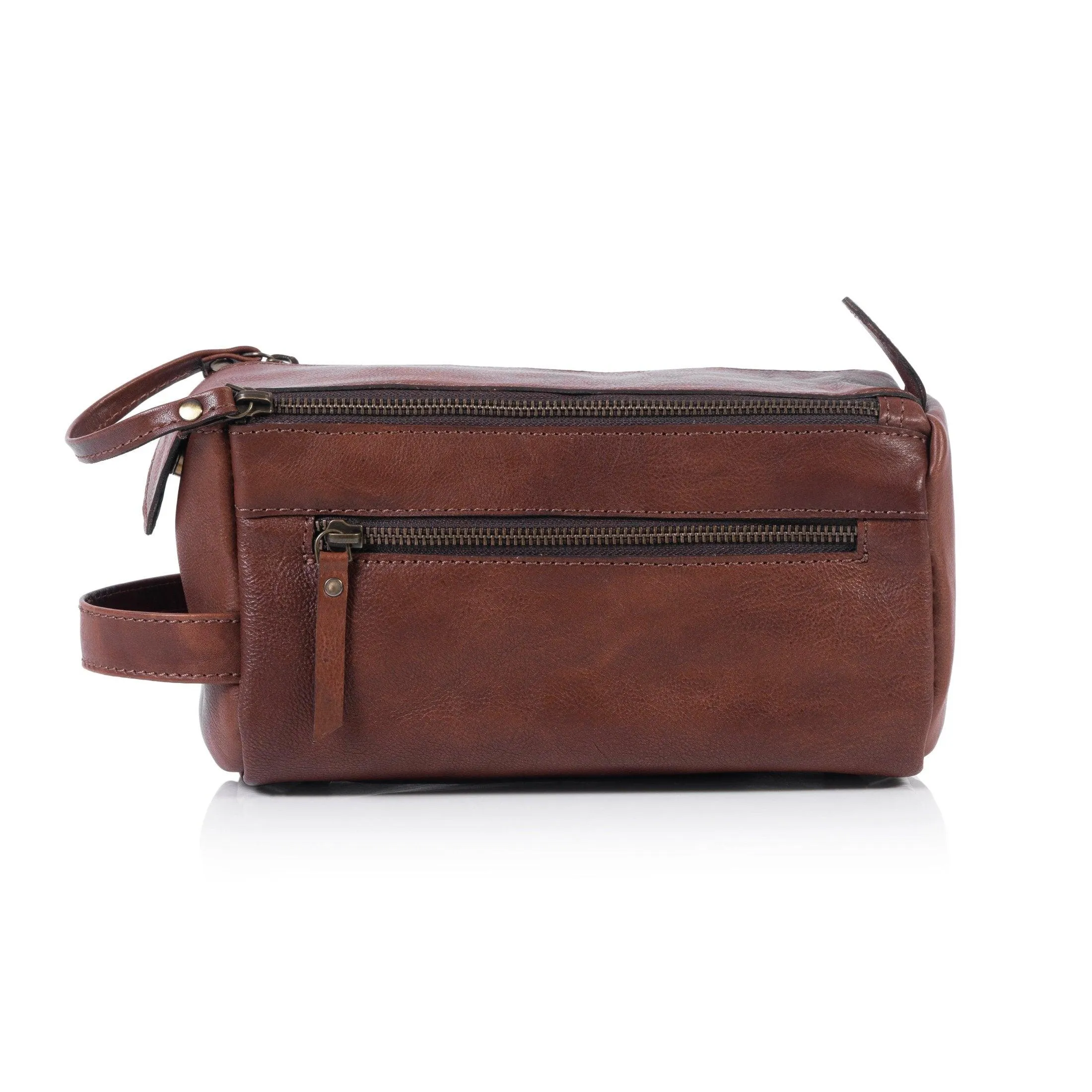 Premium Buffalo Leather Unisex Toiletry Bag Travel Dopp Kit (Dark Tan)