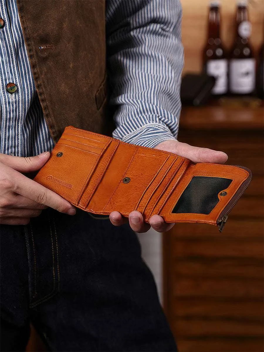 Retro Handmade Men's Three Folding Leather Wallet With Zip