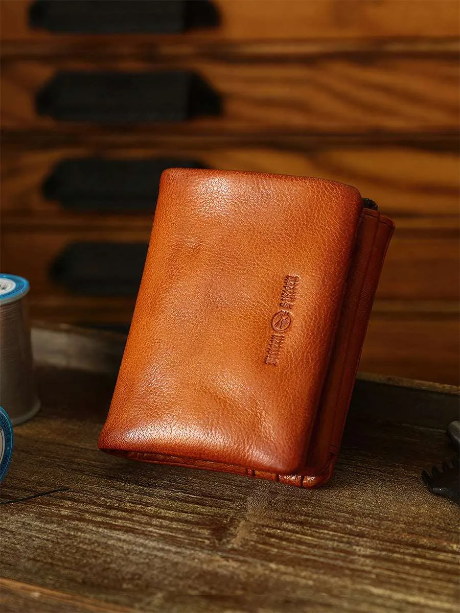 Retro Handmade Men's Three Folding Leather Wallet With Zip