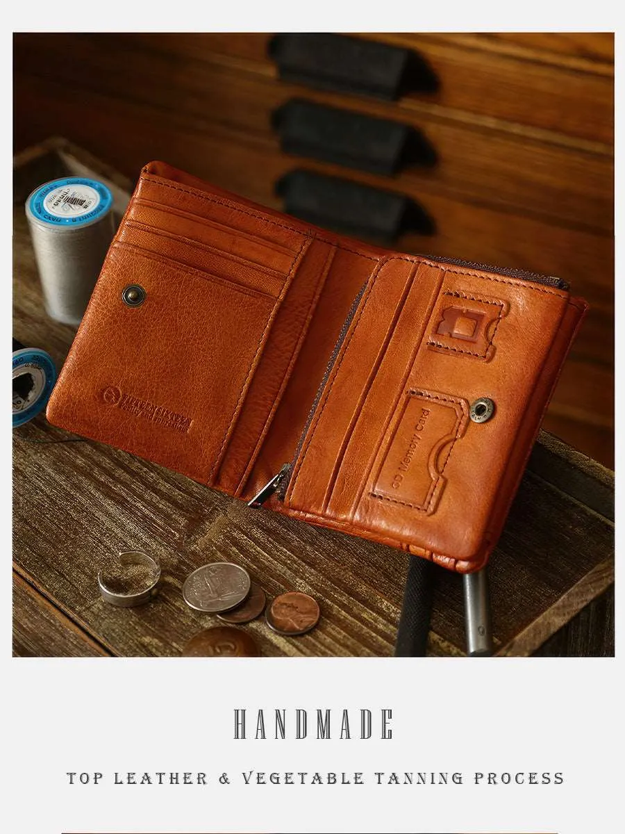 Retro Handmade Men's Three Folding Leather Wallet With Zip