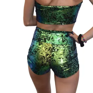 Ruched Booty Shorts - Green on Black Gilded Velvet Scrunch Shorts