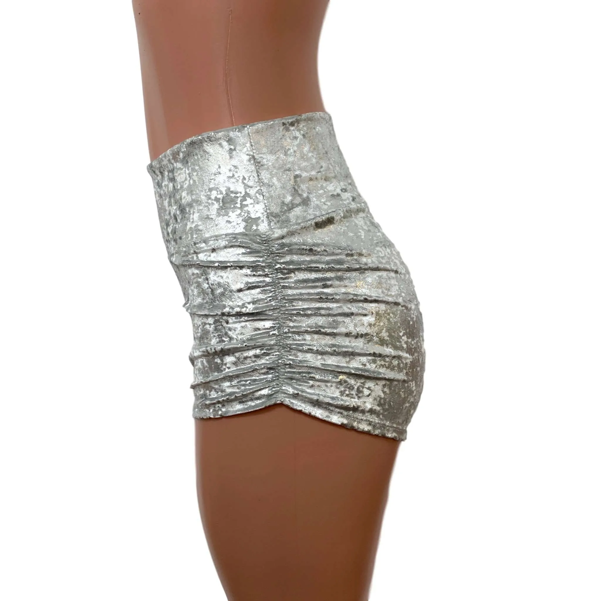 Ruched Booty Shorts - Silver on White Gilded Velvet Scrunch Shorts