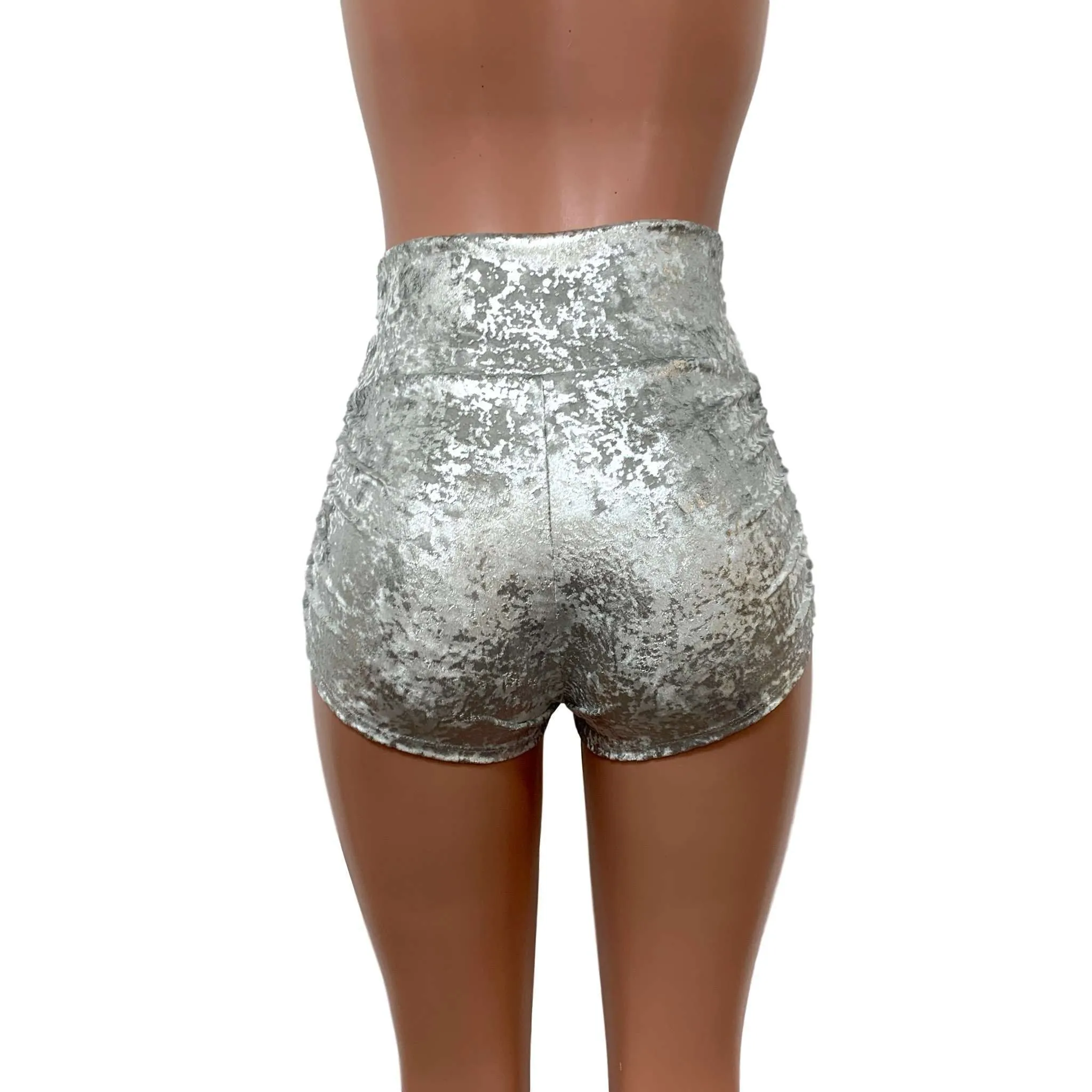 Ruched Booty Shorts - Silver on White Gilded Velvet Scrunch Shorts