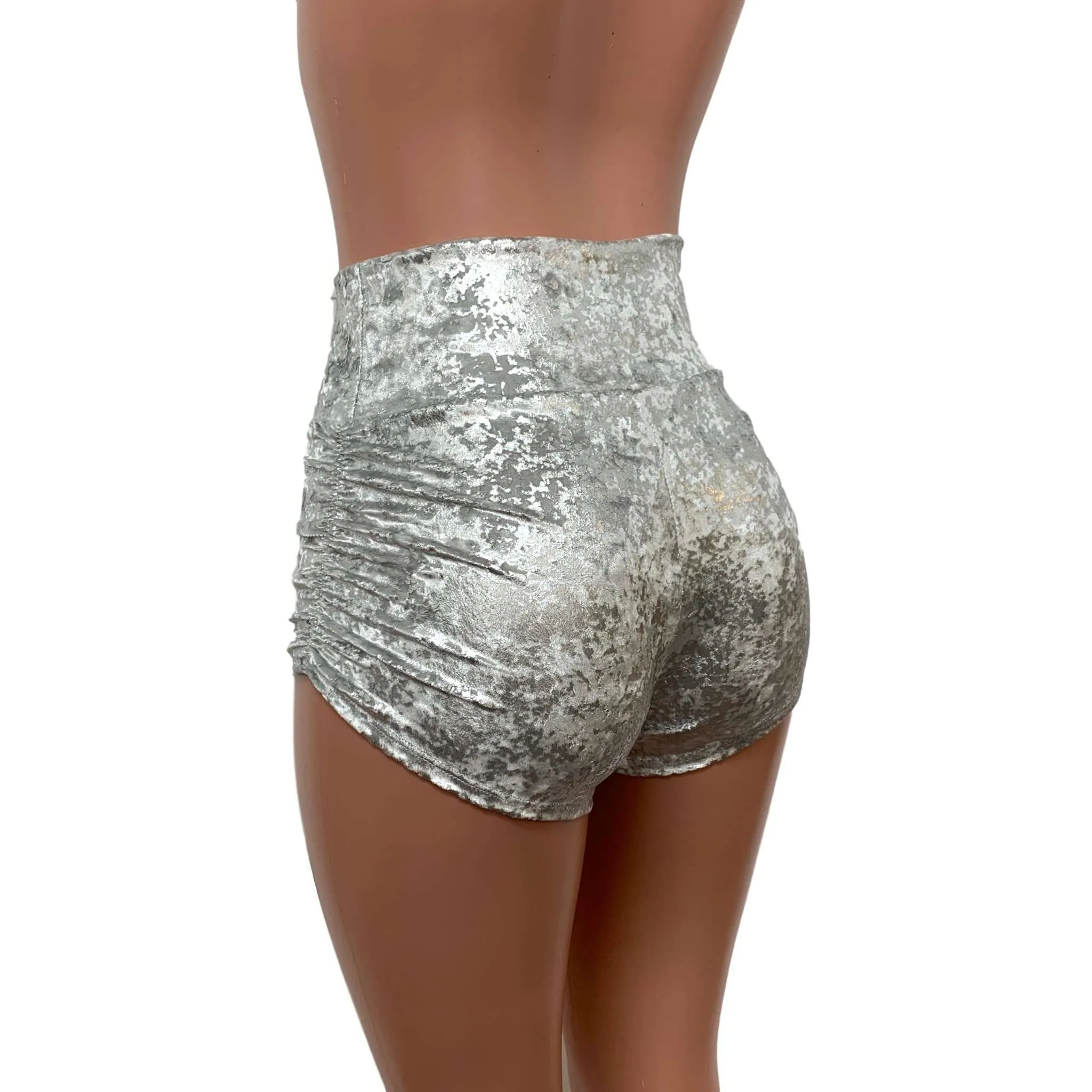 Ruched Booty Shorts - Silver on White Gilded Velvet Scrunch Shorts