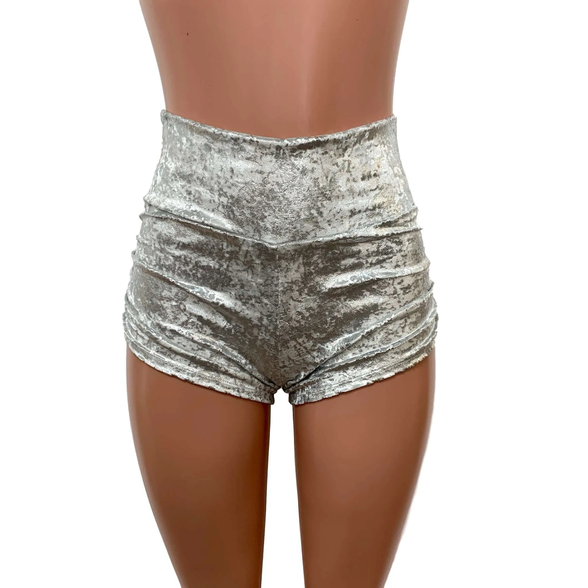 Ruched Booty Shorts - Silver on White Gilded Velvet Scrunch Shorts