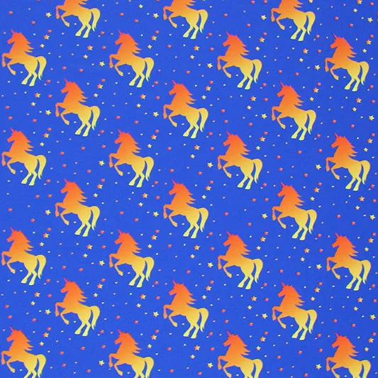 Unicorns Yellow Orange Printed Spandex | Blue Moon Fabrics