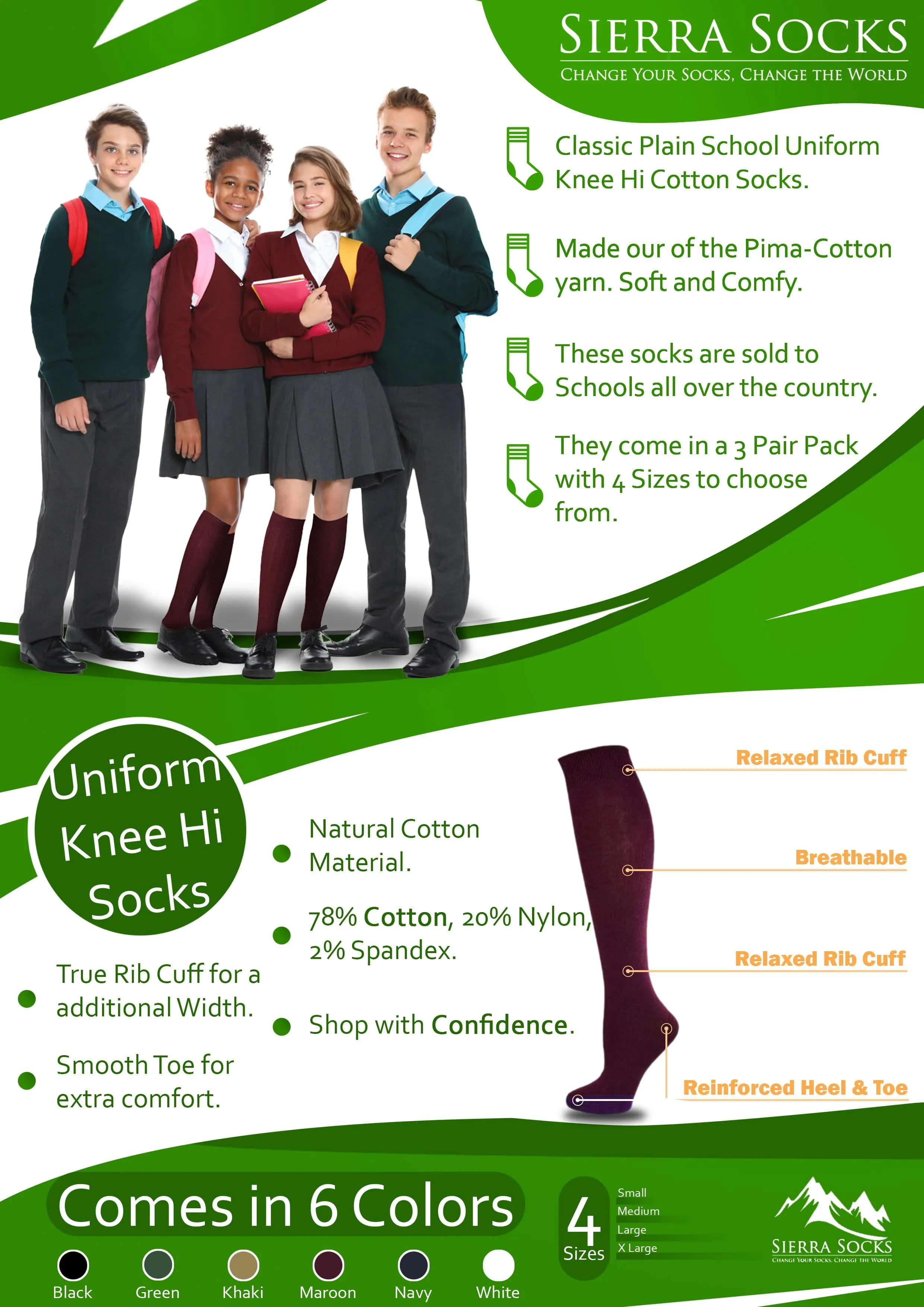 Uniform Knee High Socks for Kids & Women Combed Cotton Knee Highs (3 Pair Packs)