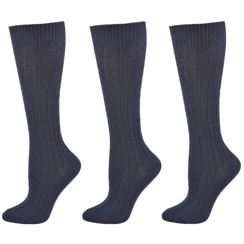 Women's Cotton Knee High Socks, Classic Cable Knit Socks, 3 Pair Pack