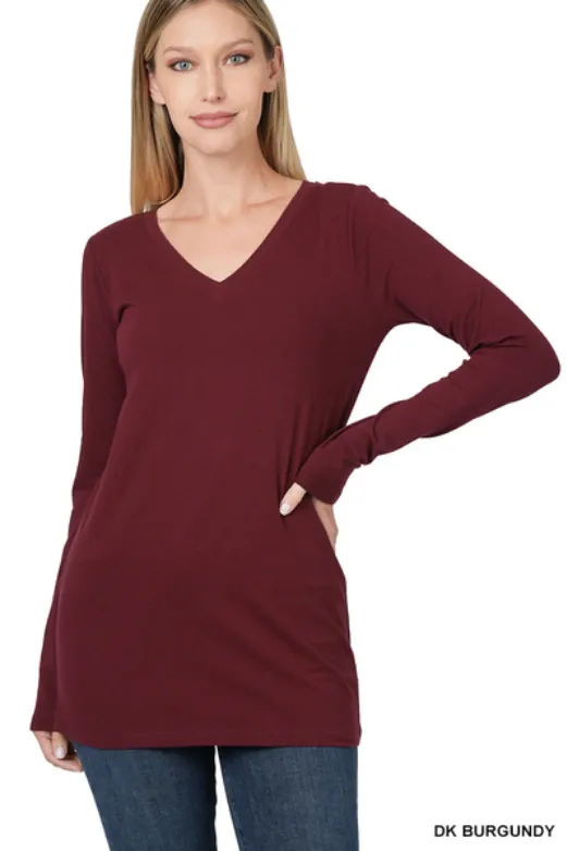 Zenana Cotton V-Neck Long Sleeve T-Shirt