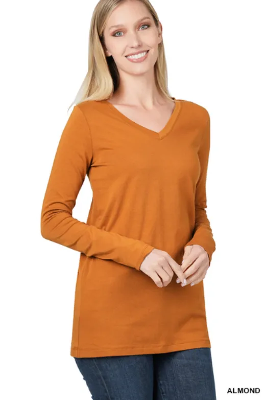 Zenana Cotton V-Neck Long Sleeve T-Shirt