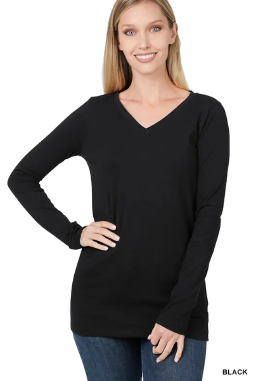 Zenana Cotton V-Neck Long Sleeve T-Shirt